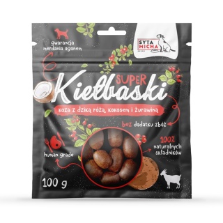 Super kiełbaski dla psa z kozą, dziką różą i kokosem 100g