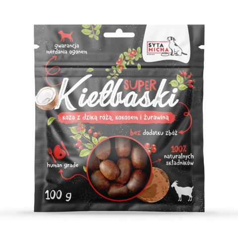 Super kiełbaski dla psa z kozą, dziką różą i kokosem 100g
